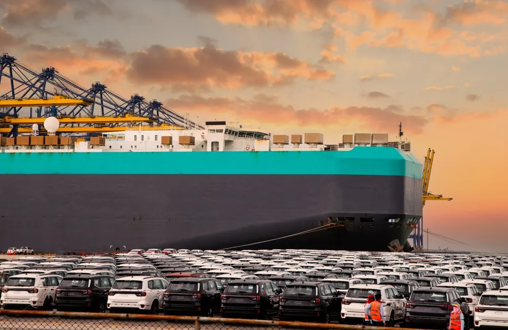 History of Auto Freight Transportation auto container ship docked behind rows of cars waiting to be loaded
