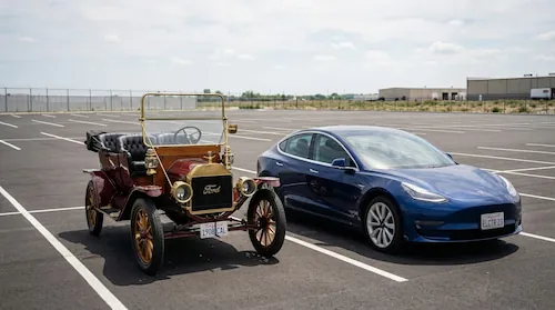 history-of-auto-freight-transportation-vintage-ford-car-parked-next-to-modern-car-in-empty-parking-lot-preview-version