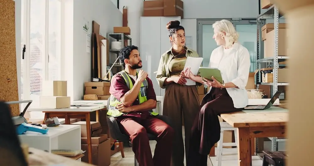 How to Communicate Better in Logistics group of logistis workers discussing issues in huddle