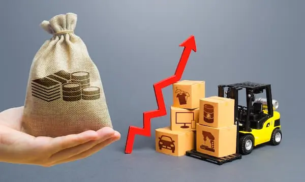 How to Protect Your Shipment in Unprecedented Times hand holding a money bag next to a toy forklift lifting boxes with a toy stock market arrow going up leaning against the boxes