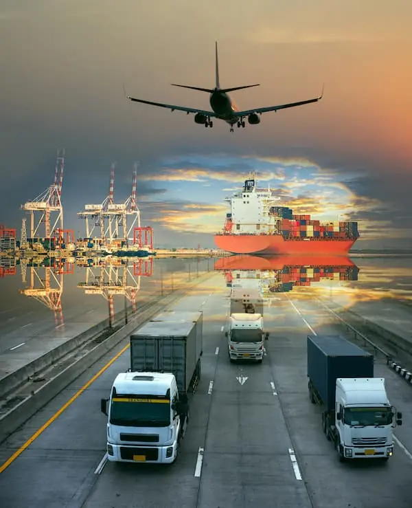 How to Protect Your Shipment in Unprecedented Times image of multiple modes of freight transportation moving away from a port