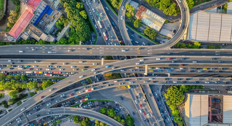 top down view of a busy highway interchange