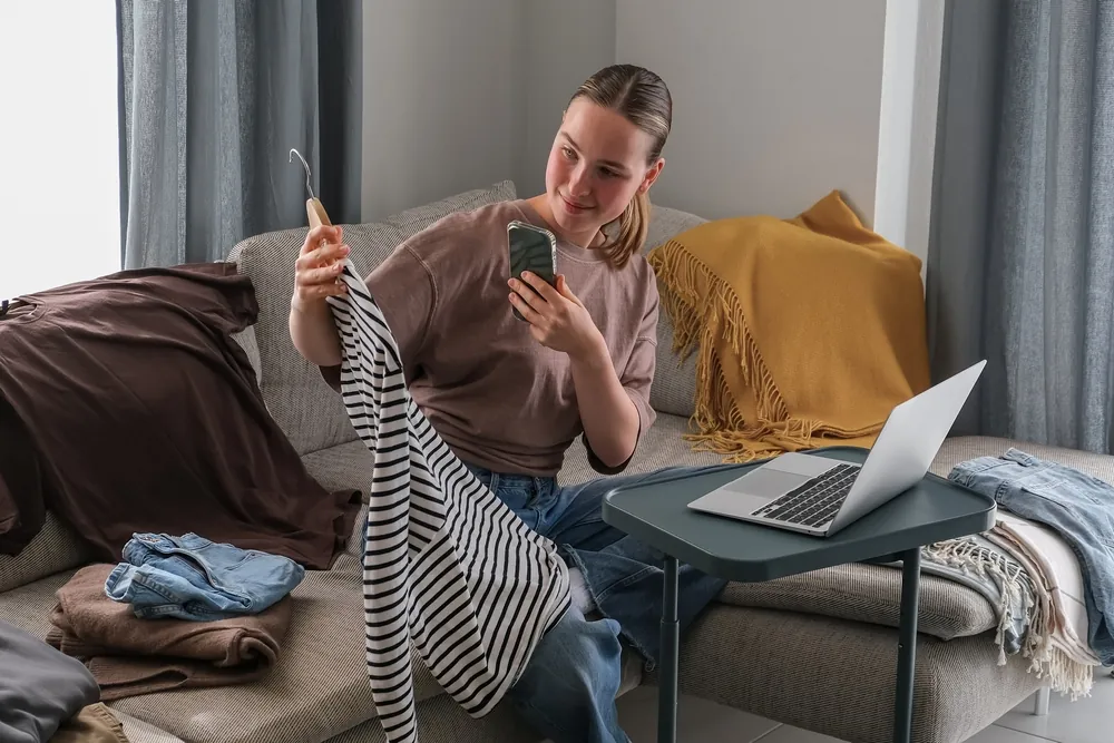 woman taking picture of sweater with phone