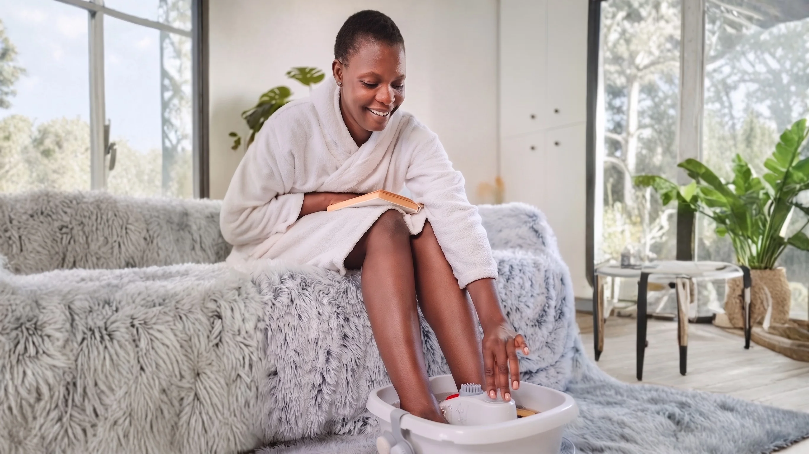 AI EXPAND ENHANCE lady with spa foot massage tool and robe serene