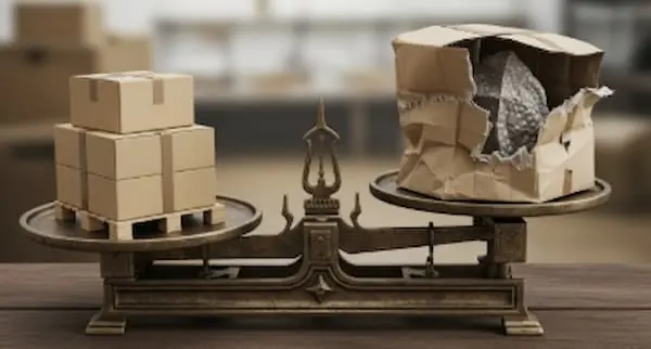scale weighing a pallet of cardboard boxes and a crumpled and broken cardboard box