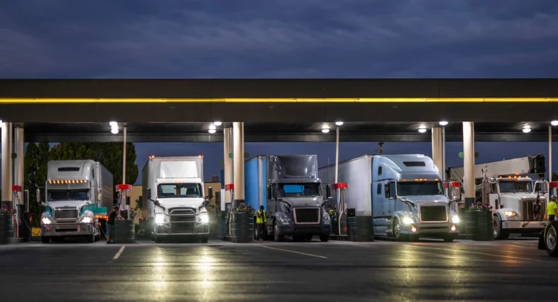 tractor trailers re fueling at a gas station at night