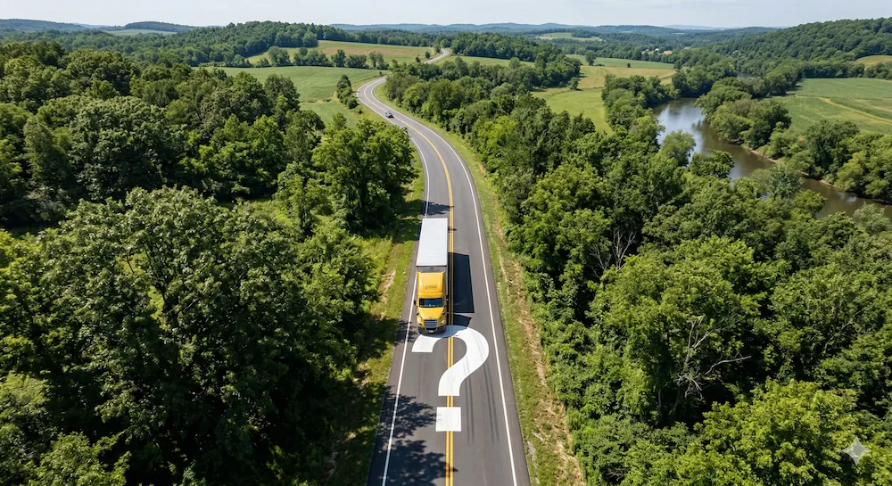 abstract truck on road with trees and question mark