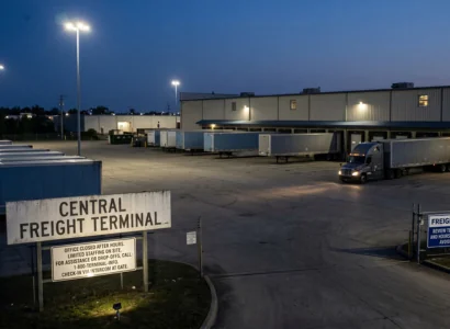 outside view of a dark freight terminal