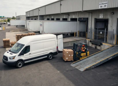 sprinter van at a freight terminal unloading their freight via forklift