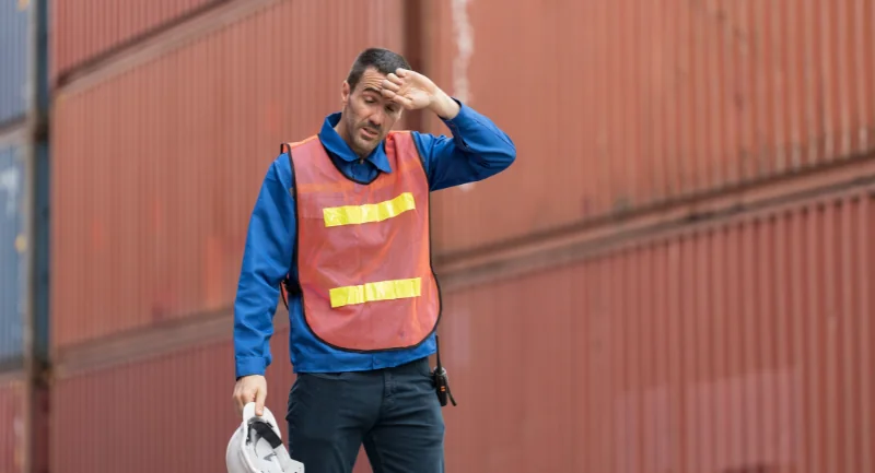 exhausted port worker walking in front of shipping containers