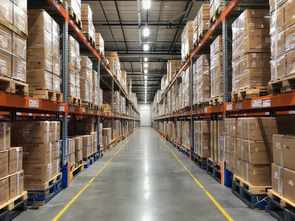 Distribution Centers vs Warehouses aisle full of pallets in a warehouse