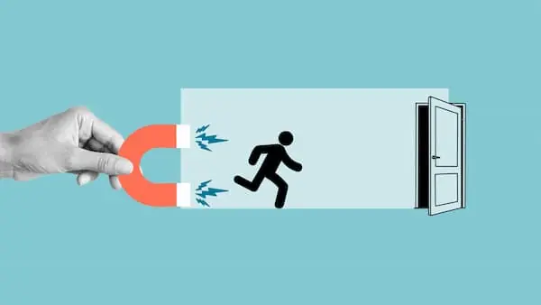 Seasonal Hiring Models visual of a human hand holding a magnet pulling a stick figure running towards an open door in the opposite direction