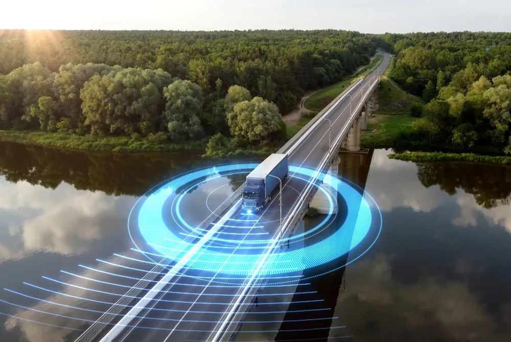 abstract truck on highway with blue rings and lines