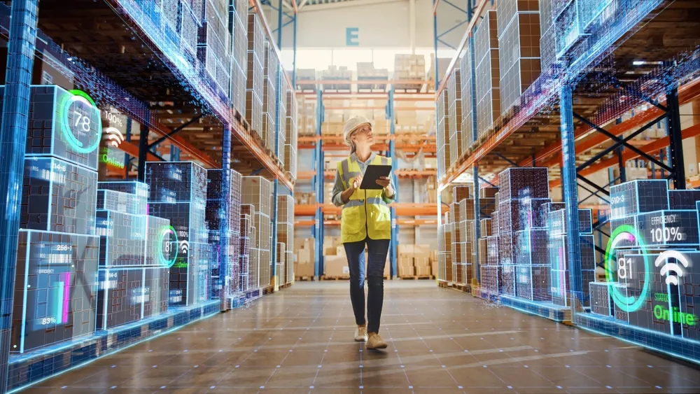 abstract worker walking down warehouse hall with graphics on packages