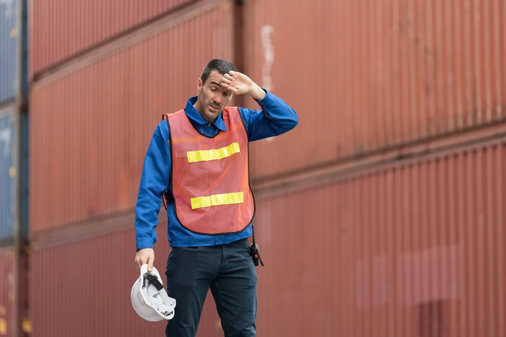 cargo worker wiping sweat outside hot day