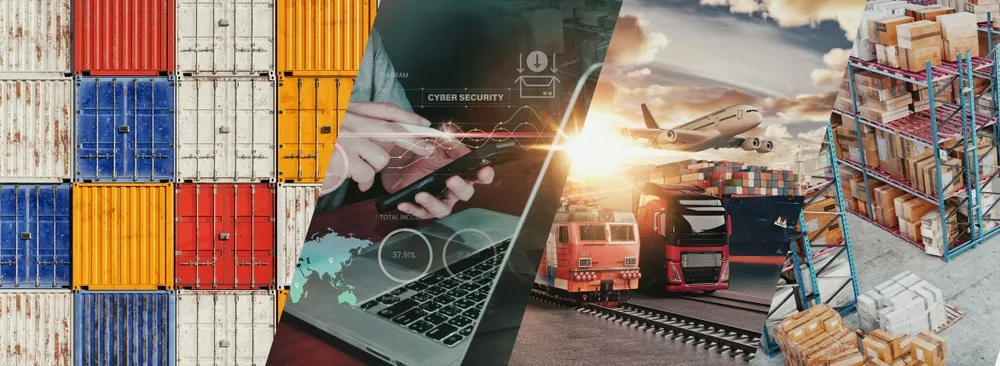 graphic of containers, trucks, planes, trains, warehouse, and laptop