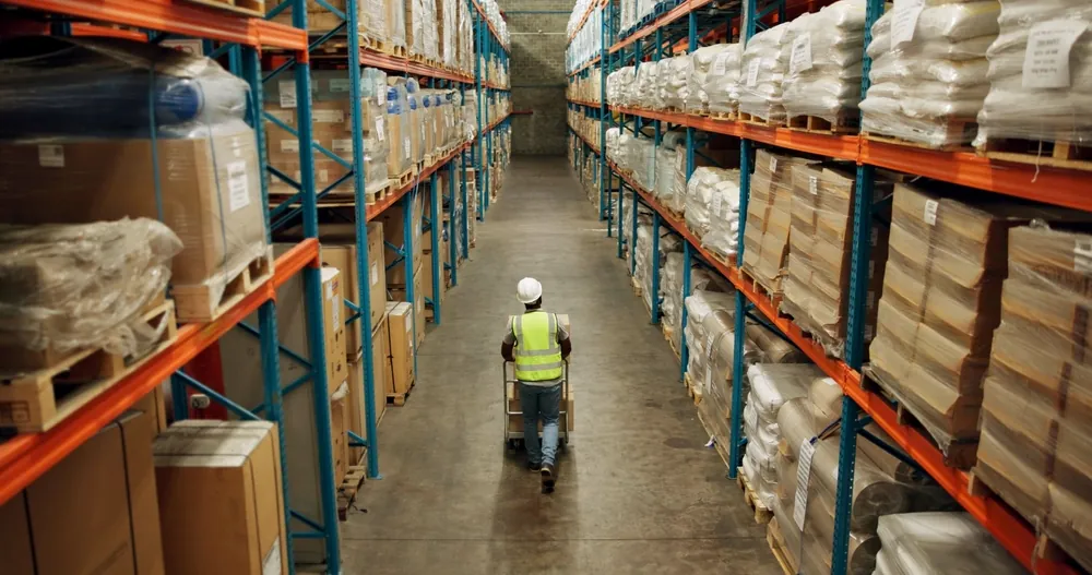 worker pushing cart in warehouse