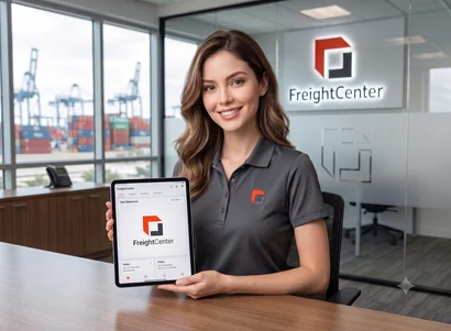 A professional woman in a grey FreightCenter logo polo shirt, smiling at the camera and holding a tablet that displays the FreightCenter mobile application interface. The background is a modern office with glass walls, a backlit company logo on the wall, and a large window overlooking a busy container shipping port with multiple cranes and container stacks.