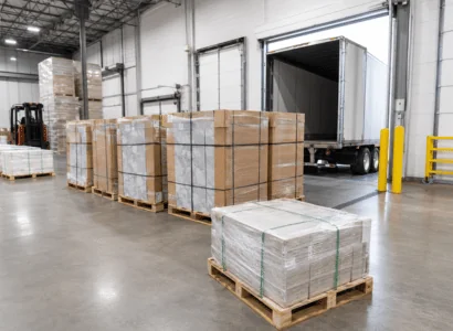 Industrial warehouse with organized pallets of floor tile