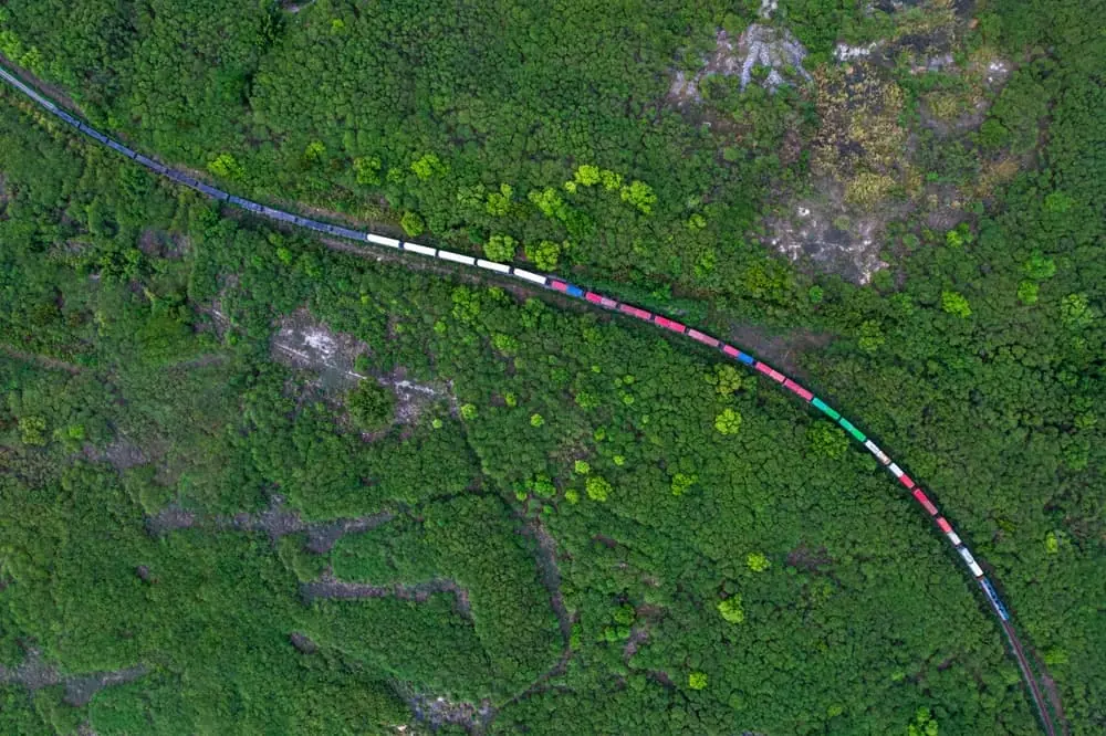 What Would Logistics Look Like If Fuel Ran Out aerial view of a freight train traveling through a forested area