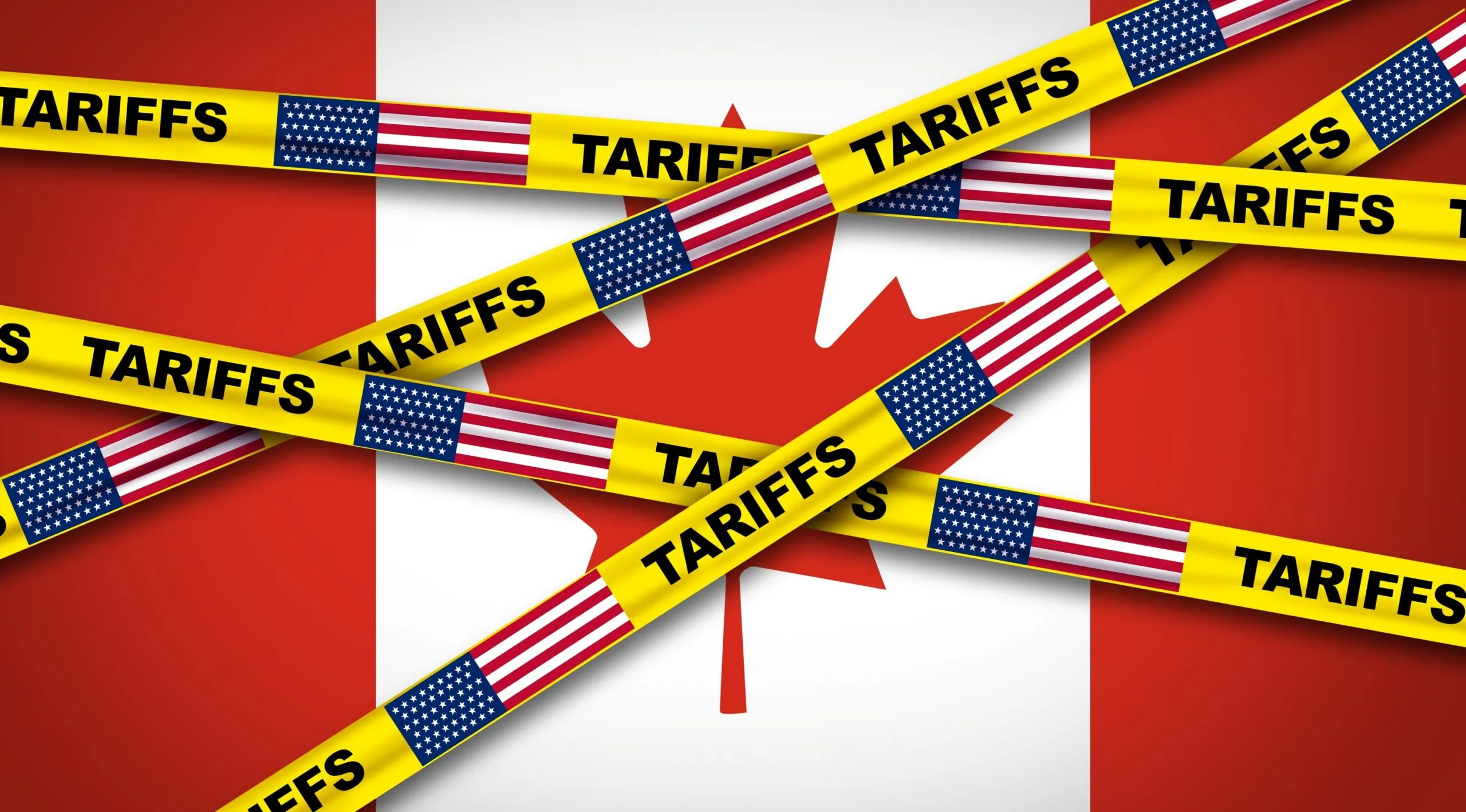 Canadian flag behind yellow tape reading tariffs, August Industry News