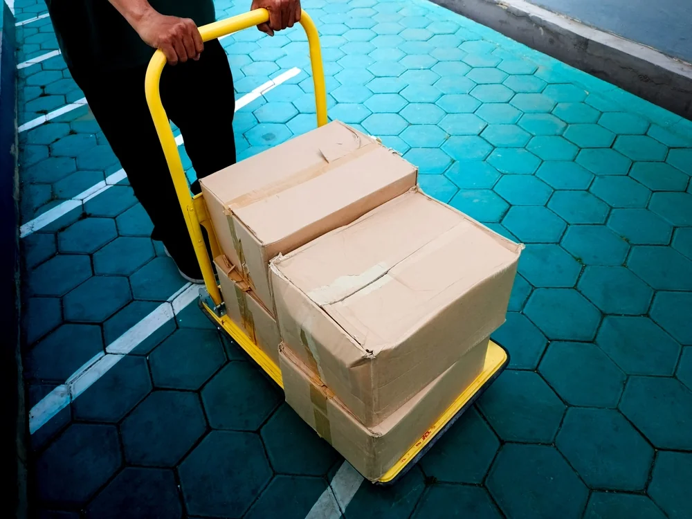 FLIP worker transporting packages on dolly