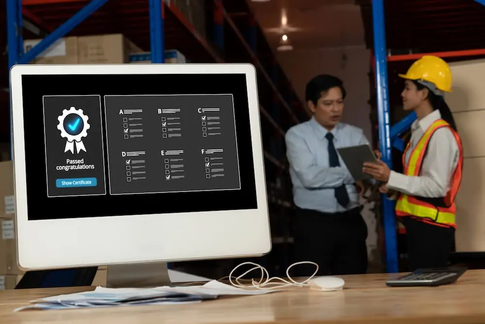 Logistics Talent Shortage computer showing results of successful certification program while employee reports to manager
