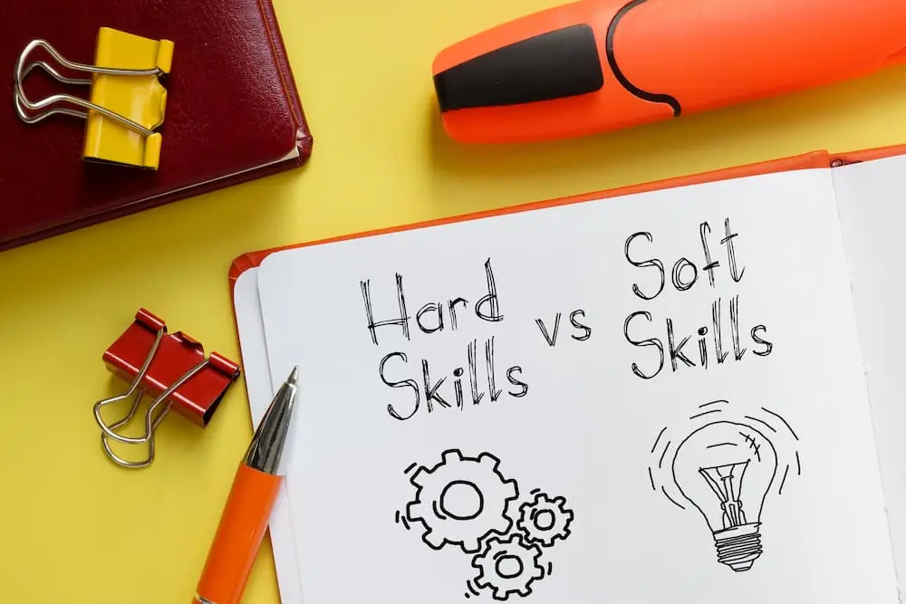 Logistics Talent Shortage small whiteboard with illustration of hard skills vs soft skill surrounded by stationary