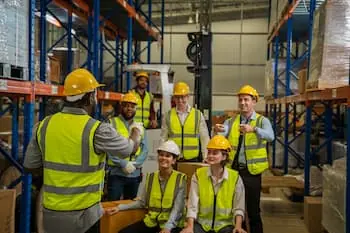 Logistics Talent Shortage team meeting in a warehouse with workers sitting on boxes while leader goes over agenda