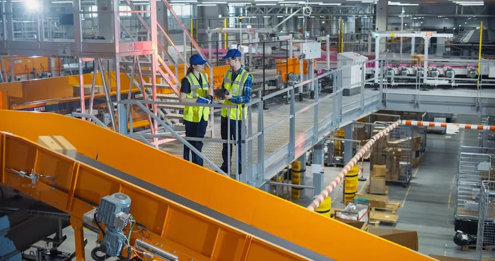 Logistics Talent Shortage two workers watching parcel organzing from upper floor in distribution center
