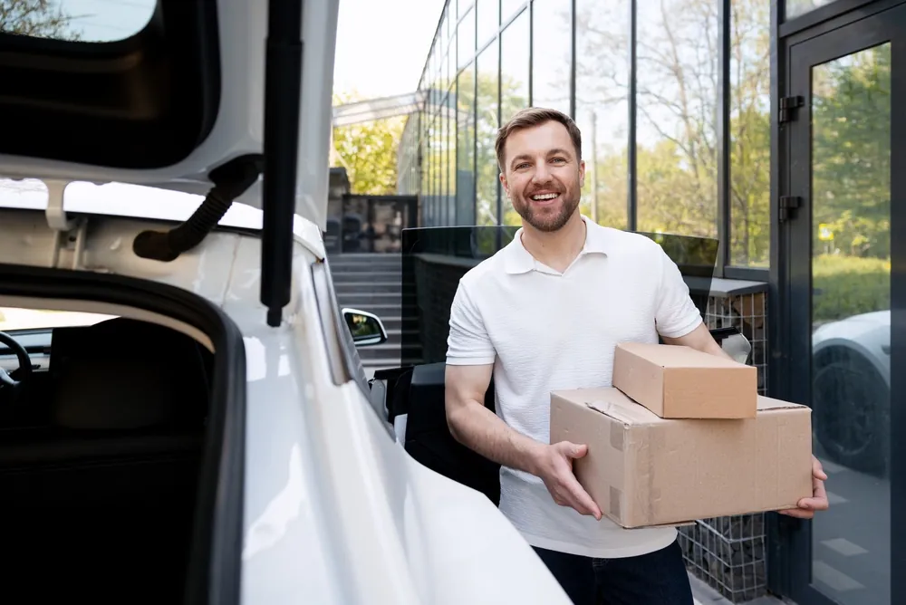 man holding packages parcels