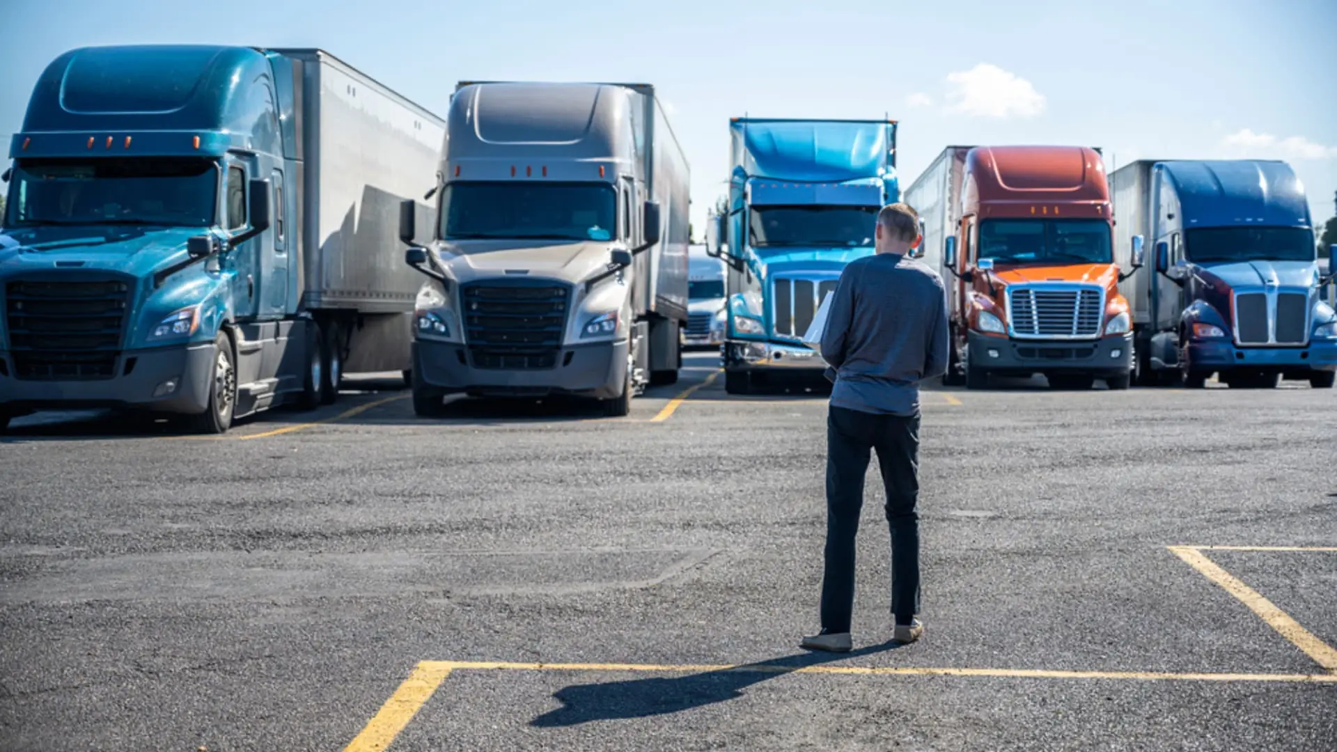 Truck driver carries a box with purchases in his hands and going to his big rig semi ruck