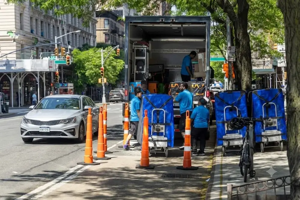 Freight Microhubs team of delivery people gathered around delivery truck on the side of city street and loading packages onto handcarts