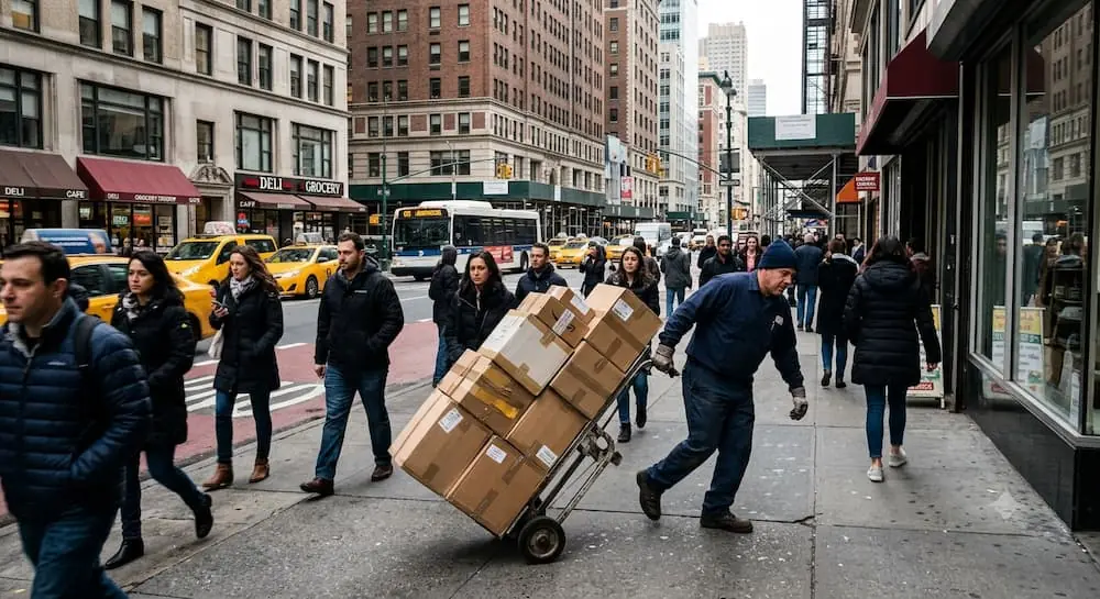 Freight Microhubs delivery man pulling handcart filled with packages into building on a busy city sidewalk