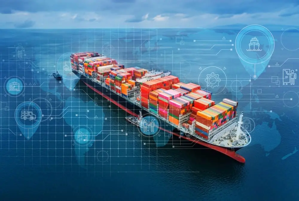 Three Rs of Network Design container ship traveling on the ocean with an overlay of a world map with GPS pinpoints at various locations