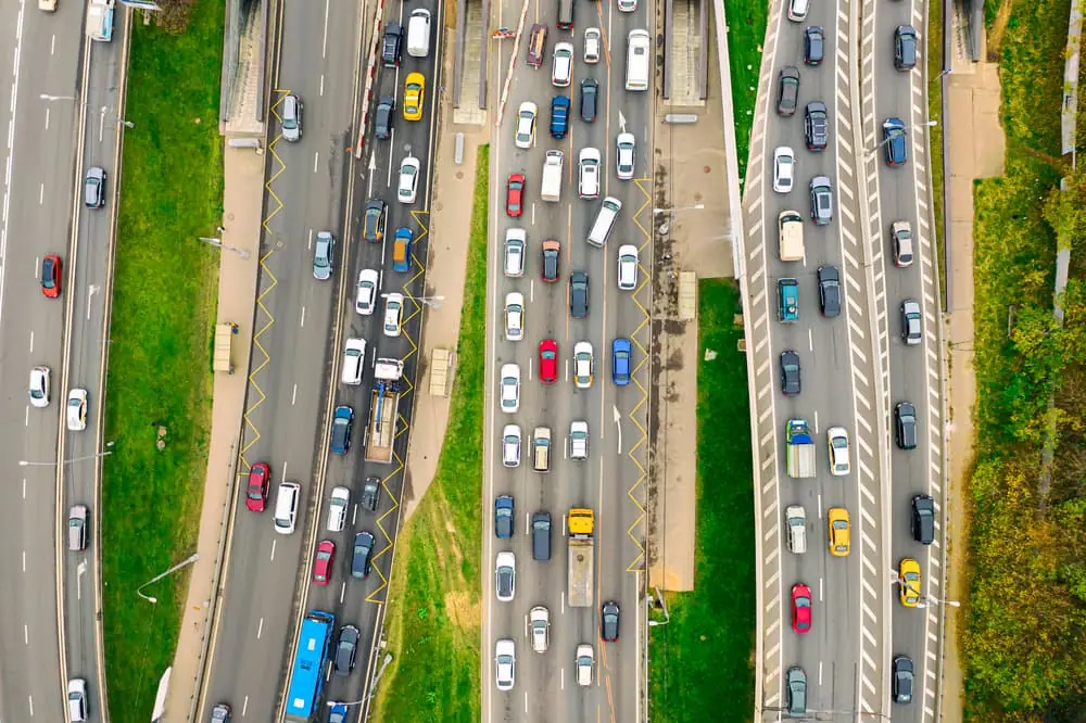 Truck Bottlenecks aerial view of a multi-lane traffic bottleneck