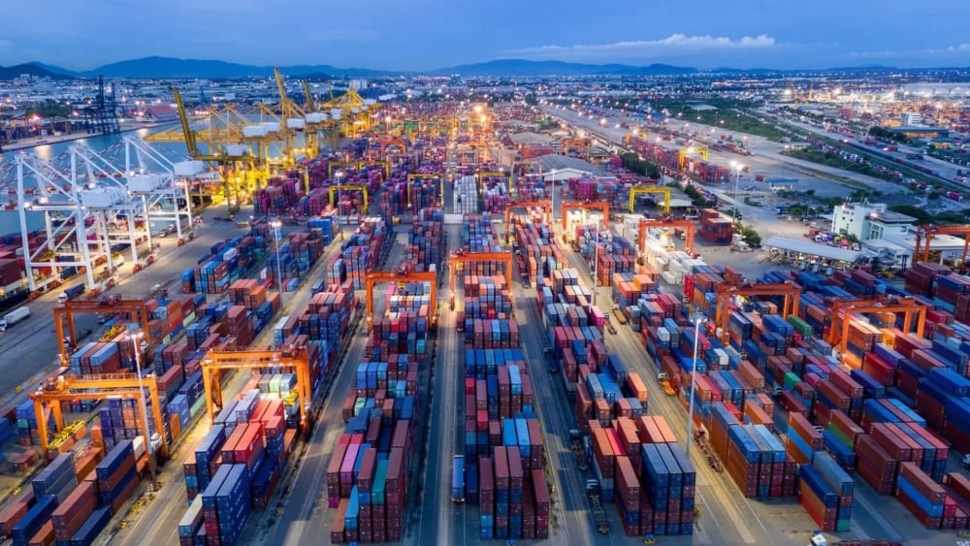 aerial view of a sea port at night