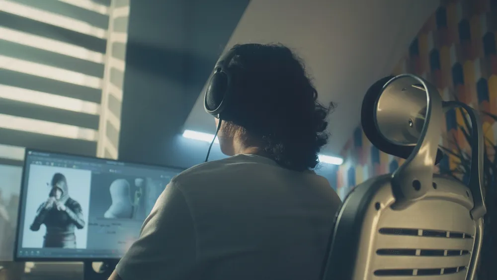 person working at desk on computer video game character